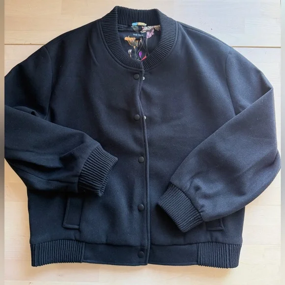 New Black Well Worn Bomber Jacket with Floral Lining - Women’s M - Picture 2 of 3
